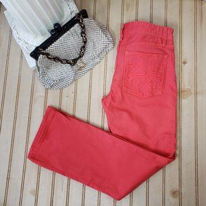 Tory Burch Sz 27 Orange Cropped Denim Jeans Low Rise Embroidered Pockets Stretch